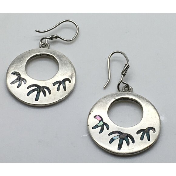 Taxco Sterling Silver Palm Tree Motif Earrings Inlay Chips Round Dangle TC 135 - Picture 2 of 3